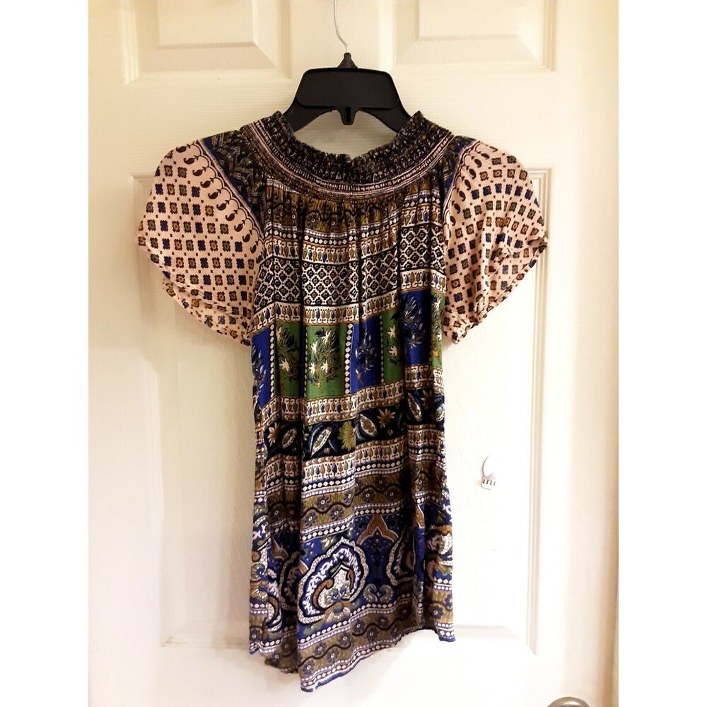 Y2K Lapogee Blouse, Junior Girls sz med pleated, retro vibrant Short Sleeve, EUC